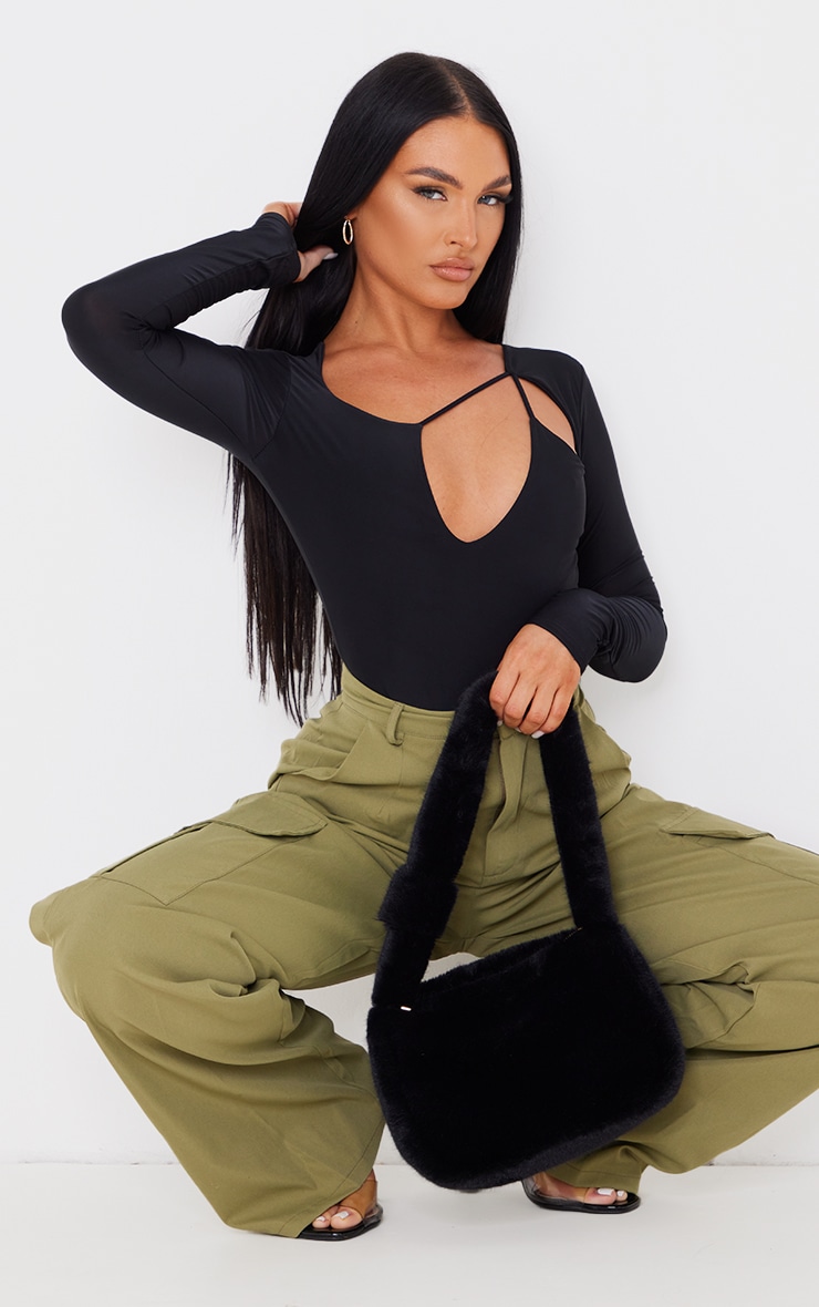 Black Slinky Strappy Cut Out Long Sleeve Bodysuit