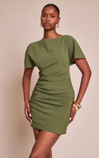 Forest Green Woven Ruched Short Sleeve Mini Dress