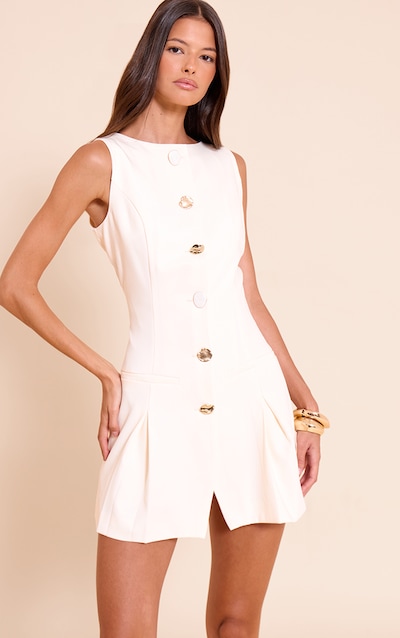 Robe droite crème plissée à boutons abstraits