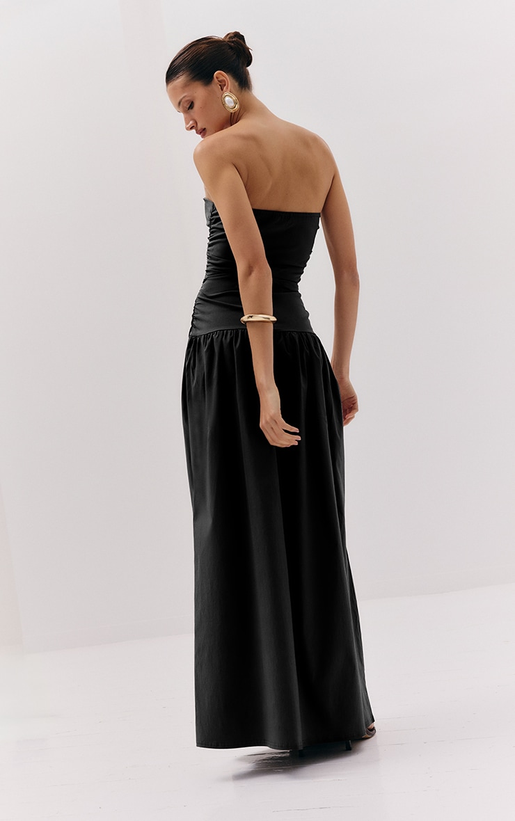 Black Stretch Woven Bandeau Ruched Maxi Dress