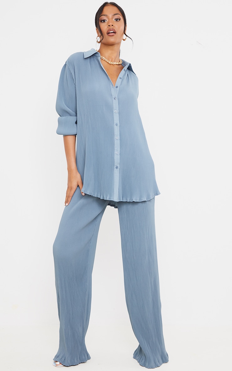 Tall Blue Plisse Oversized Cuff Detail Shirt image 3