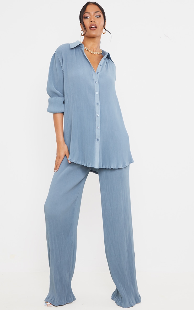 Tall  Blue Plisse Oversized Cuff Detail Shirt image 3