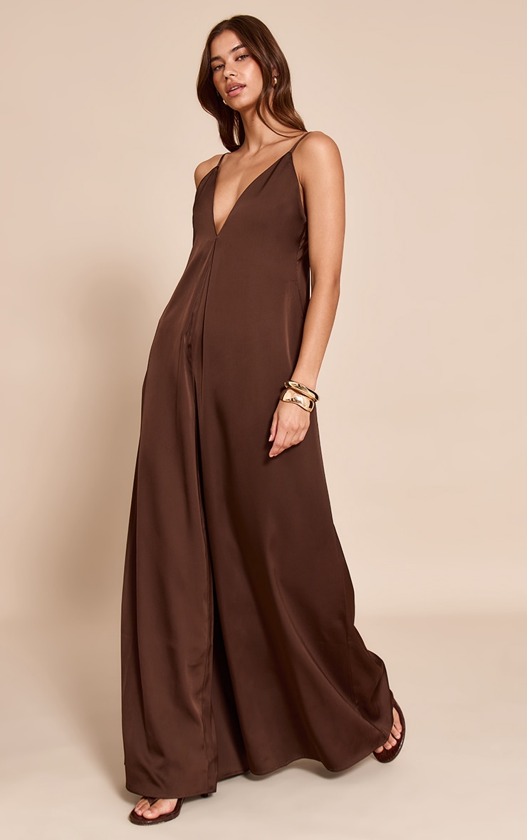 Chocolate Satin V Neck Wide Leg Jumpsuit image 3