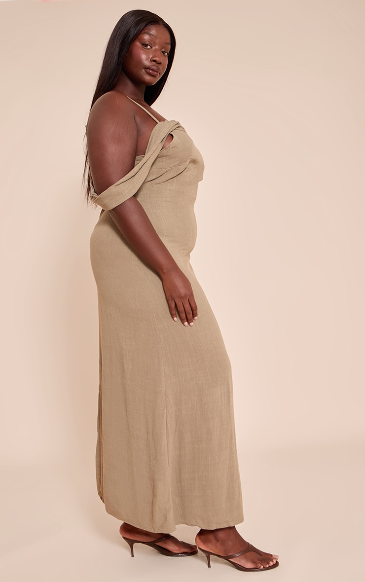 Plus Khaki Textured Strappy Drape Detail Maxi Dress image 3