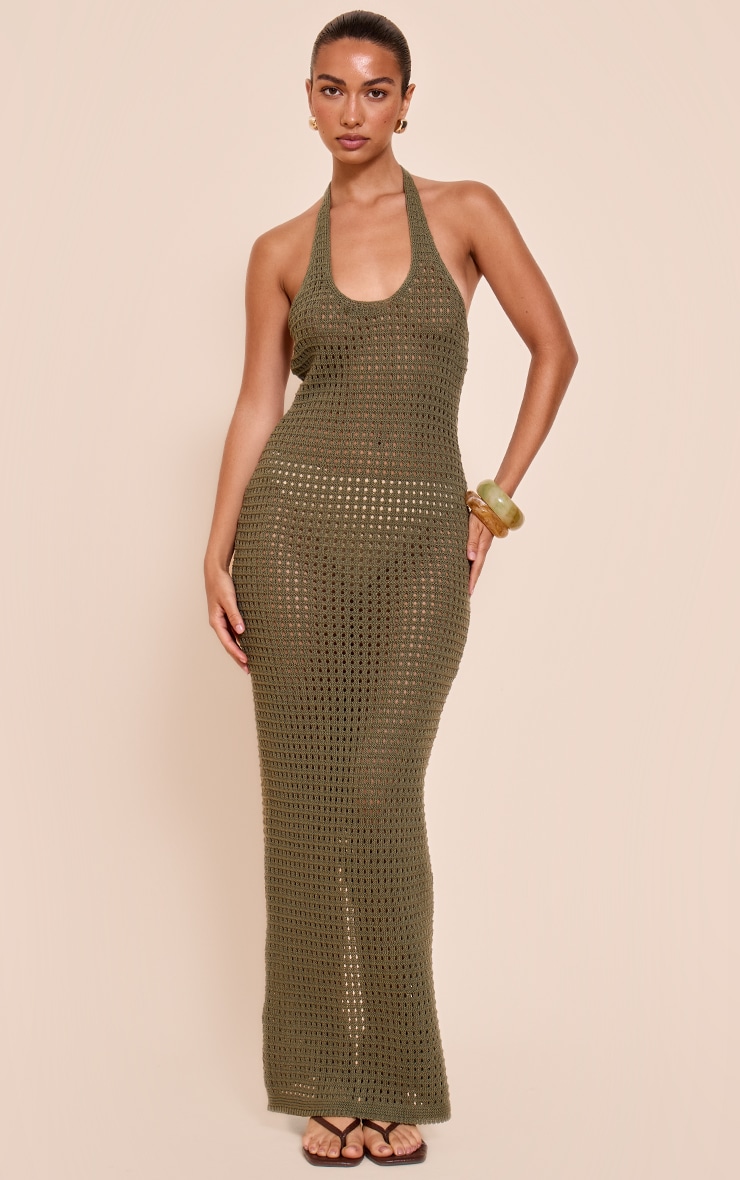 Khaki Crochet Halter Maxi Dress image 1