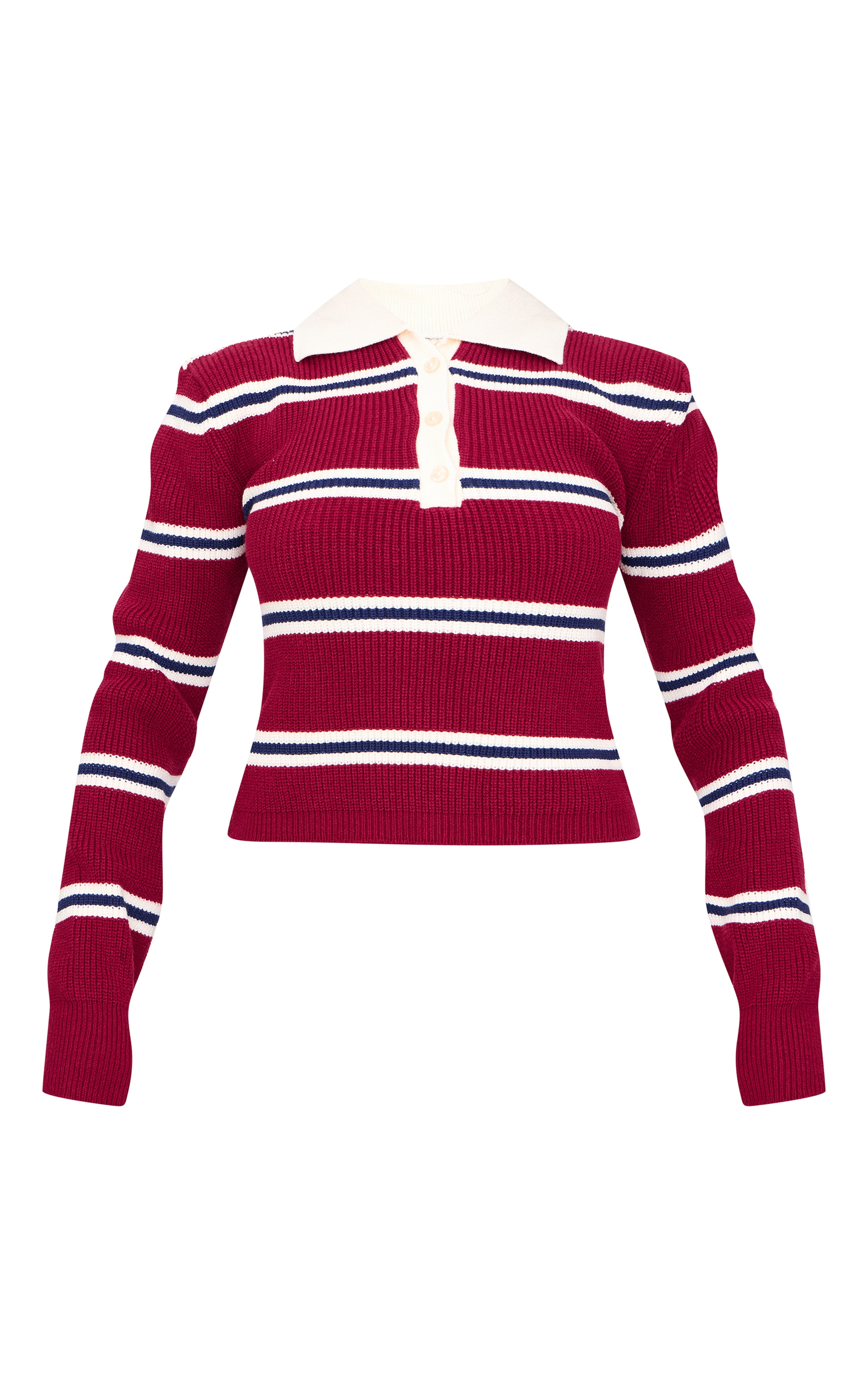 Burgundy Stripe Button Through Thick Rib Knit Rugby Shirt image 6