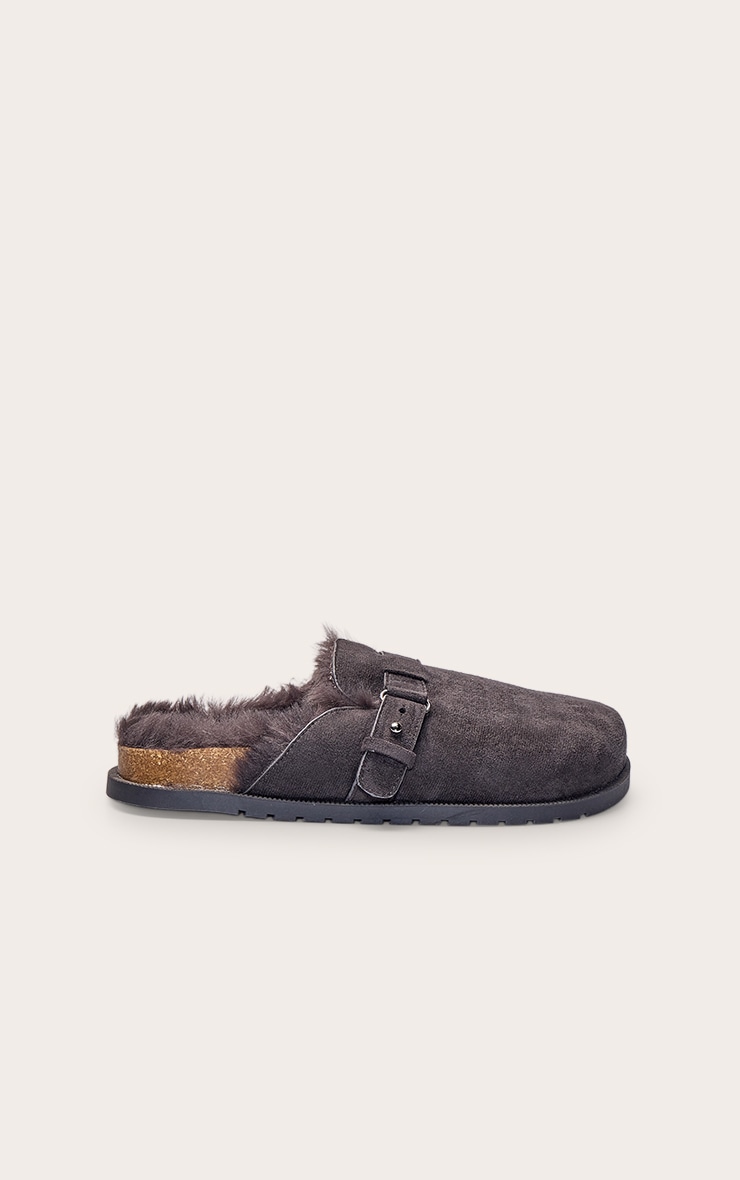 Charcoal Faux Suede Faux Fur Lined Buckle Mules image 2