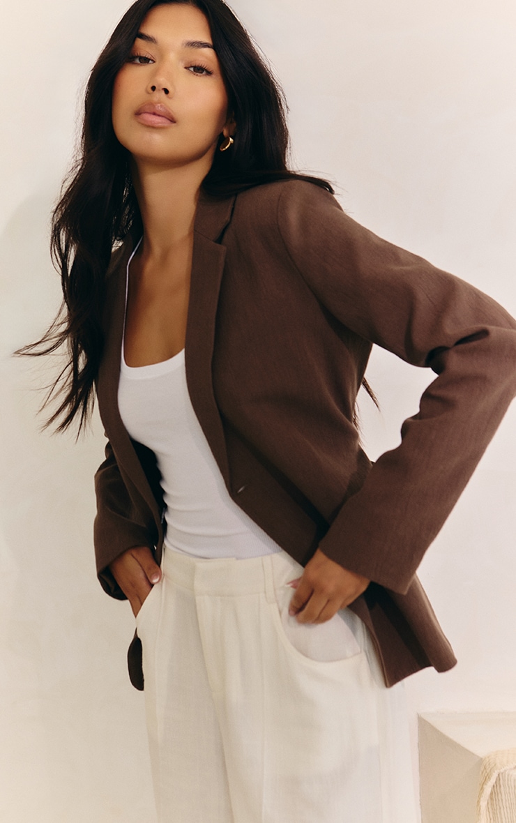 Mocha Linen Look Tie Waist Blazer image 1