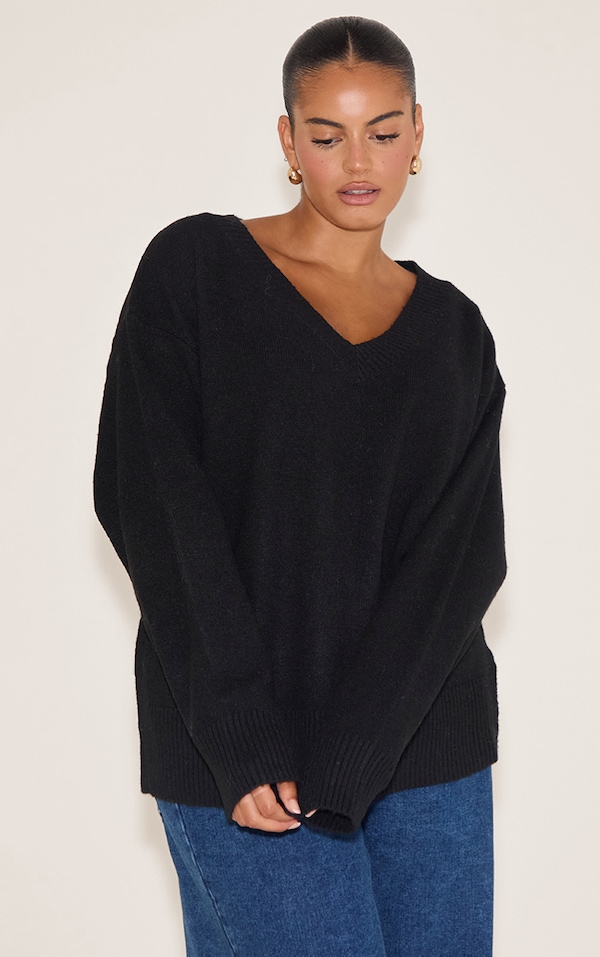 Plus Black Knit V-neck Jumper