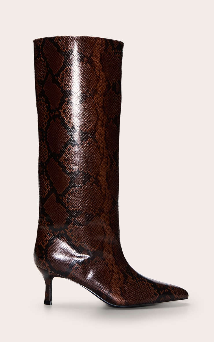 Natural Snake PU Snipped Toe Low Heel Knee Boots image 2