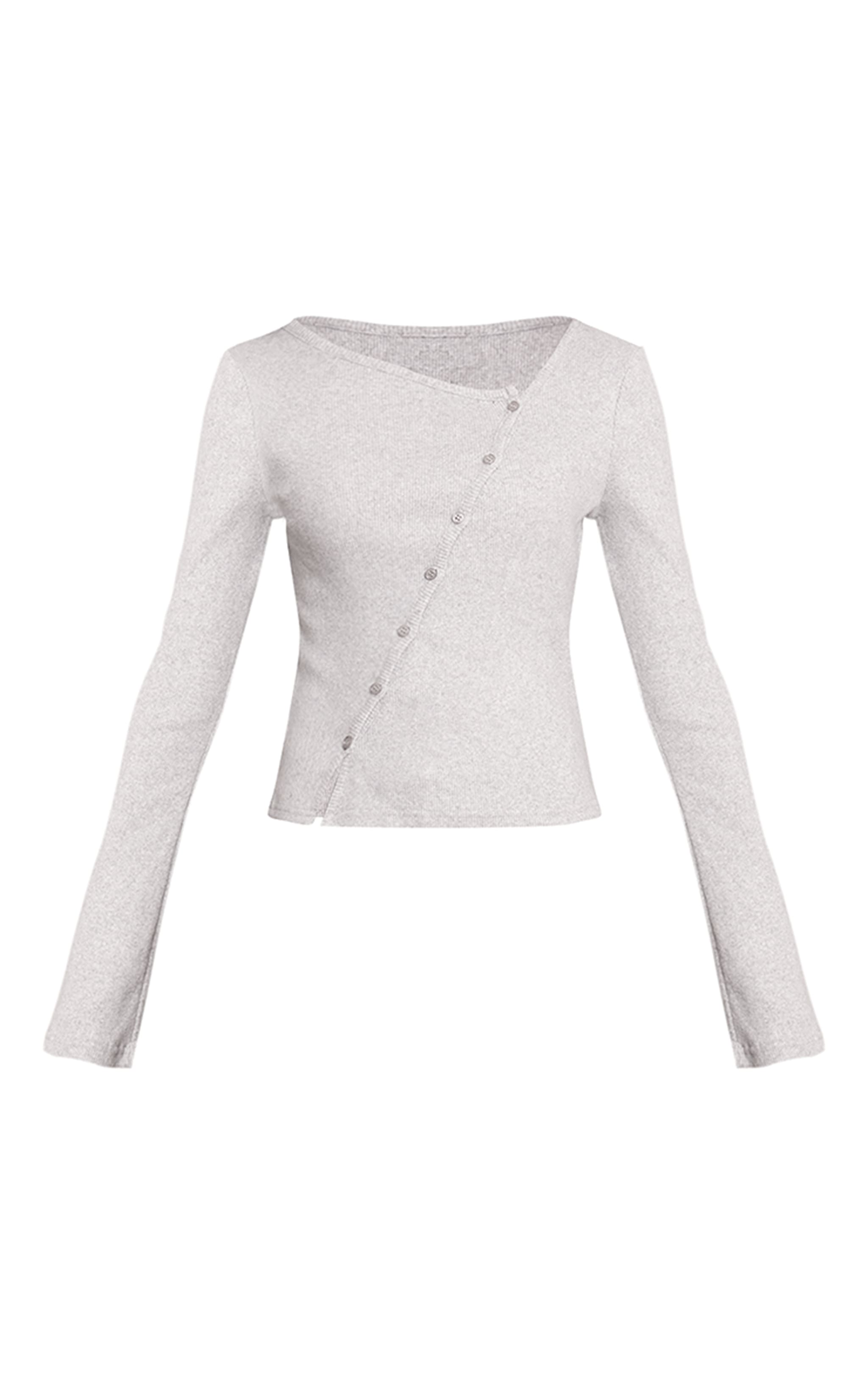 Grey Marl  Heavy Brushed Rib Asymmetric Button Long Top image 5