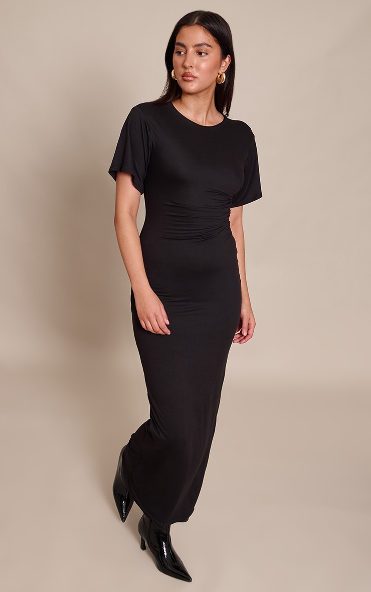 Black Boat Neck Jersey Short Sleeve Maxi Dress image 3
