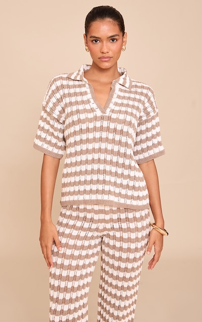 Mocha Crochet Stripe Rugby Knit Top