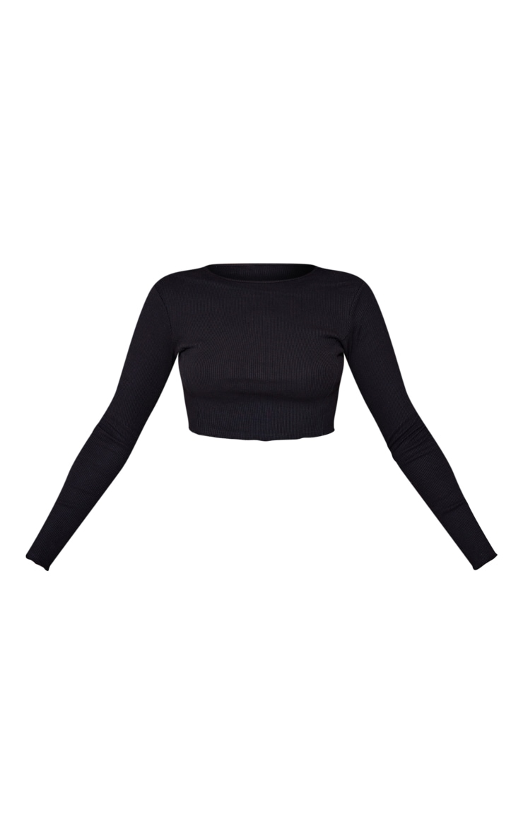 Black Seam Detail Rib Long Sleeve Crop image 3