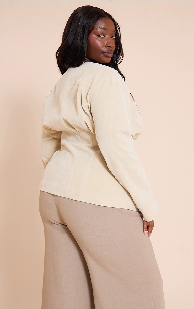 Plus Ecru Faux Suede Cinch Waist Covered Button Jacket image 2