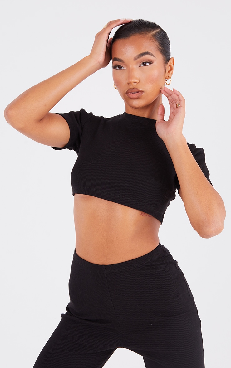 Black Heavy Rib High Neck Short Sleeve Crop Top image 1