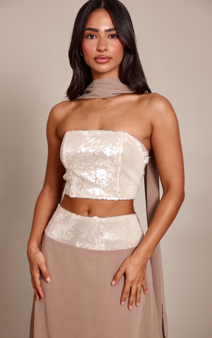 Petite Top bustier à détail foulard et sequins champagne image 1