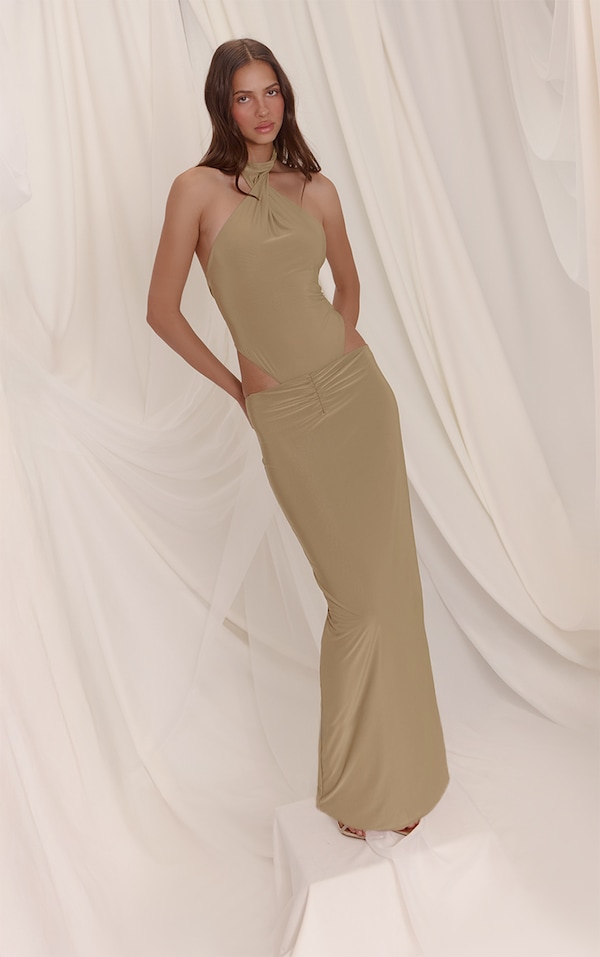 Golden Olive Slinky Low Rise Ruched Seam Maxi Skirt