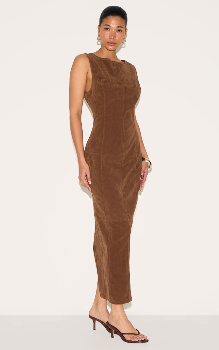 Chestnut Faux Suede Boat Neck Backless Maxi Dress image 3