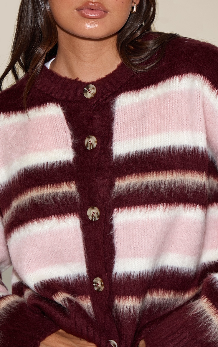 Burgundy Striped Brushed Knit Cardigan image 4
