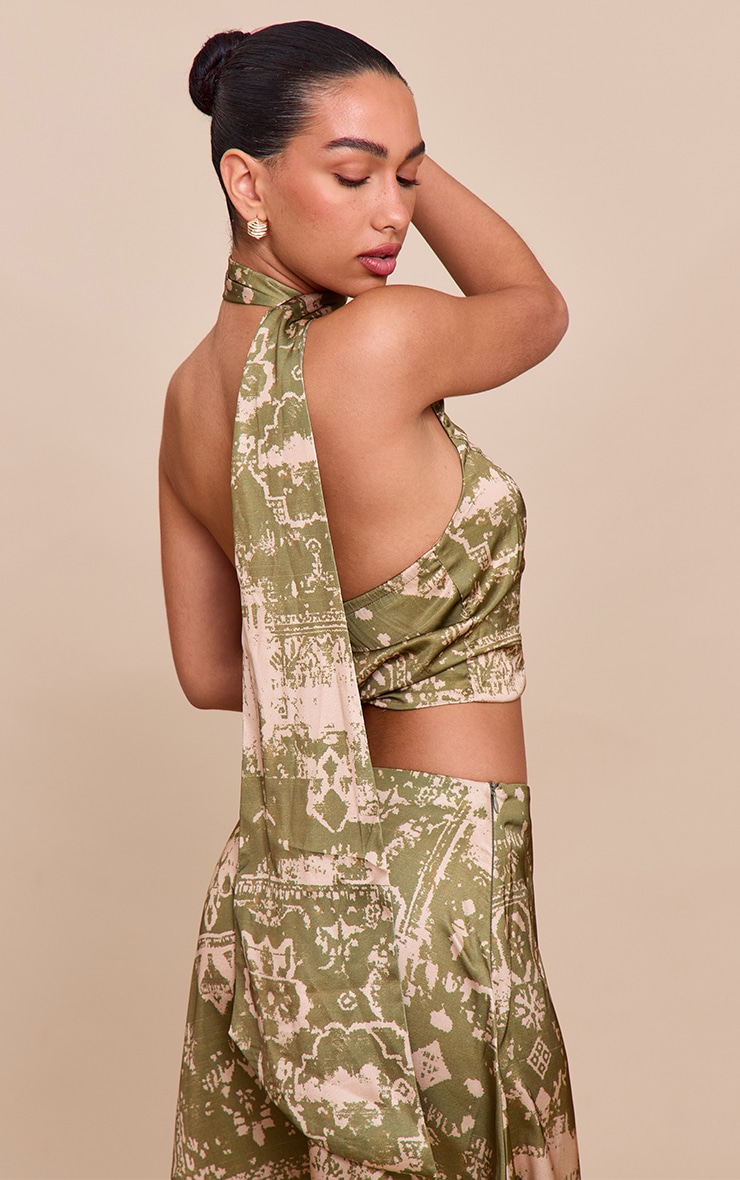 Khaki Printed Satin Scarf Detail Crop Top image 2