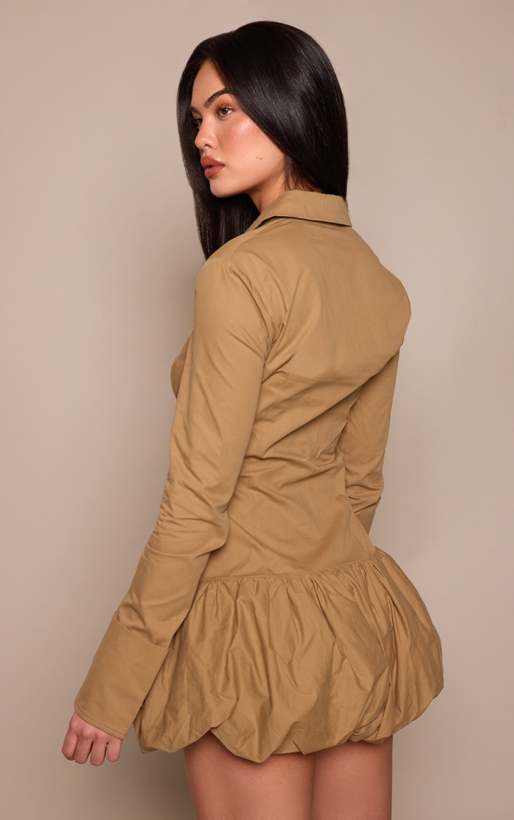 Khaki Button Down Puffball Detail Shirt Dress image 2