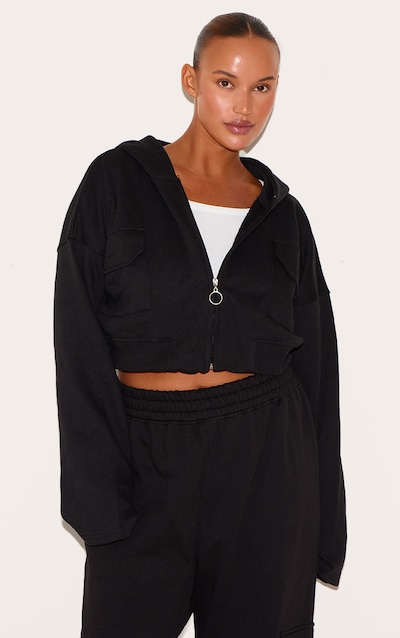 Plus Hoodie court noir zippé style cargo