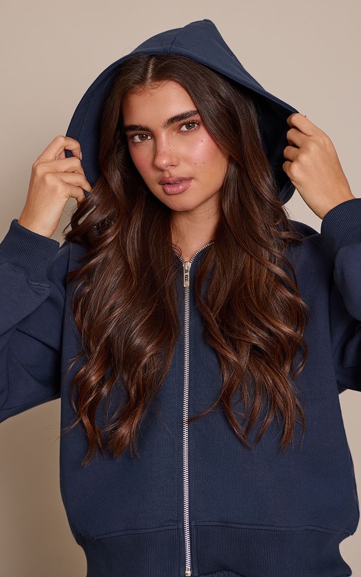 Navy Interlock Cropped Zip Up Hoodie | Athleisure