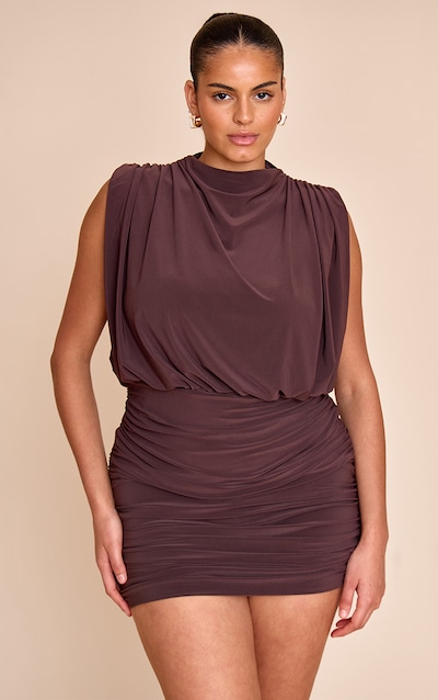 Plus Chocolate Double Layered Slinky Shoulder Padded Mini Dress