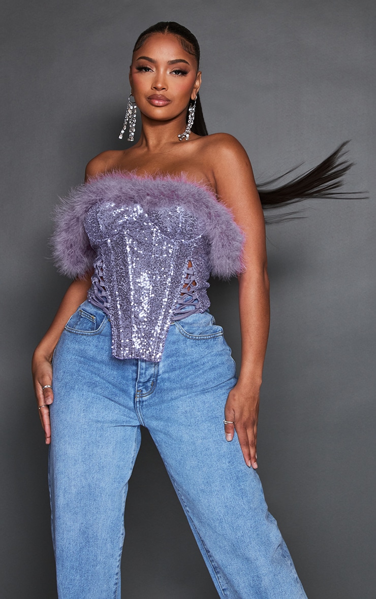 Shape Lilac Fur Trim Sequin Bardot Corset