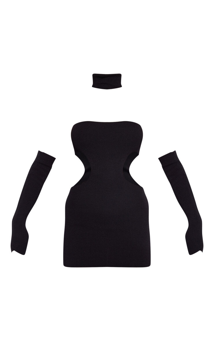 Black Bandeau Cut Out Knit Dress With Sleeves & Collar image 5