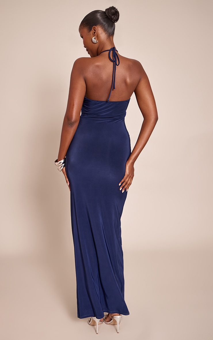 Robe longue moulante bleu marine drapée à dos nu image 2
