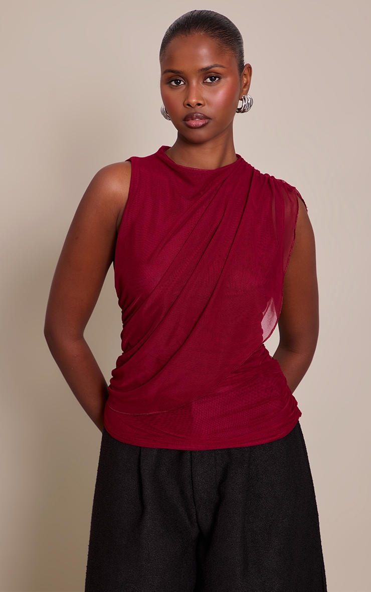 Burgundy Mesh Cape Detail Long Top