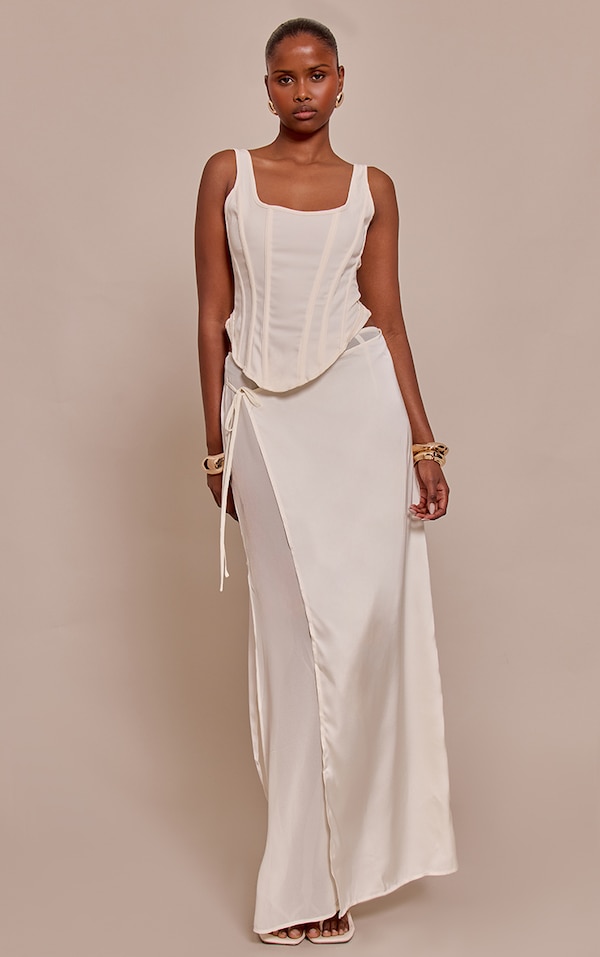 Cream Satin Wrap Detail Chiffon Maxi Skirt
