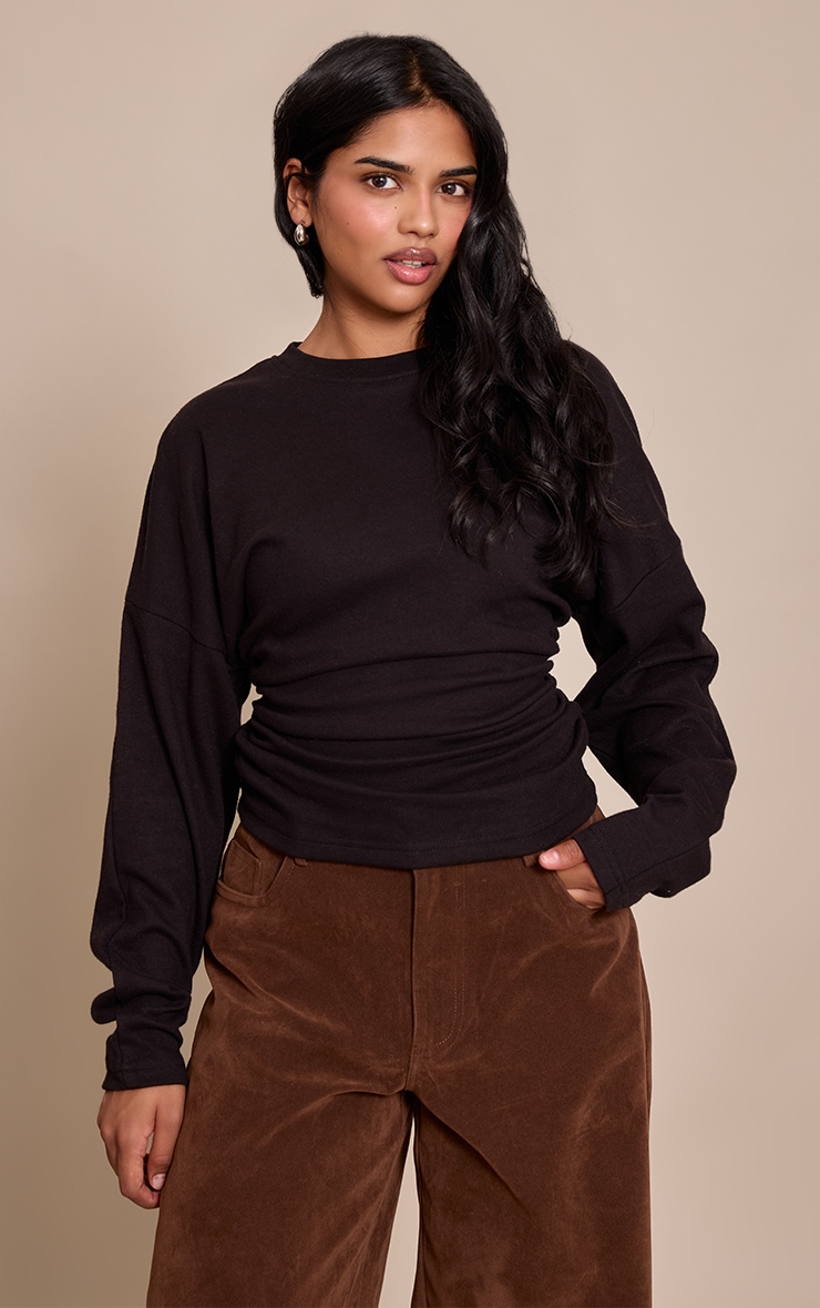 Petite Black Ruched Waist Long Sleeve Top image 1