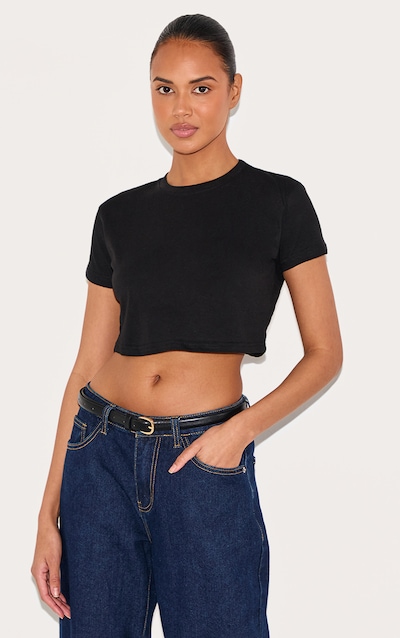 Basic Black Cotton Blend Short Sleeve Crop Top