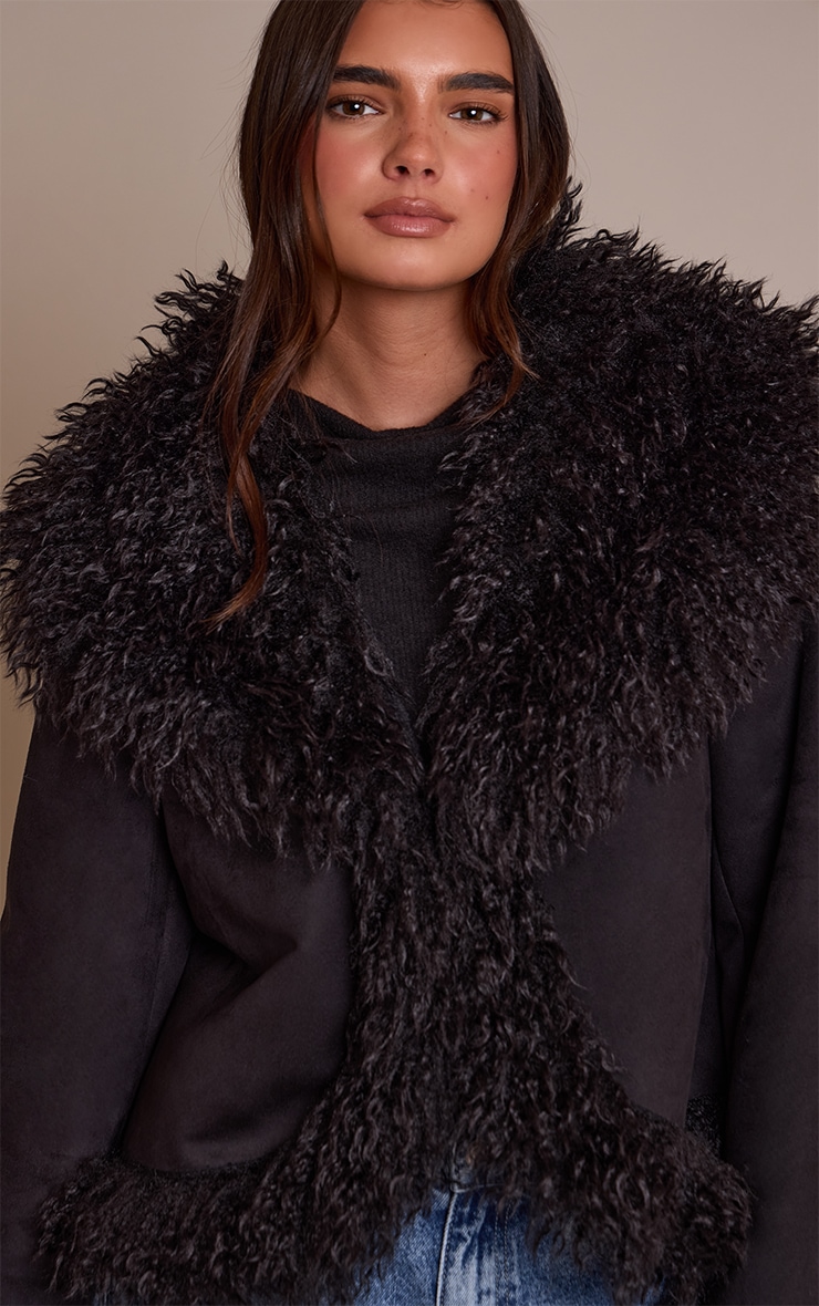 Black Faux Suede Trim Detail Coat image 4