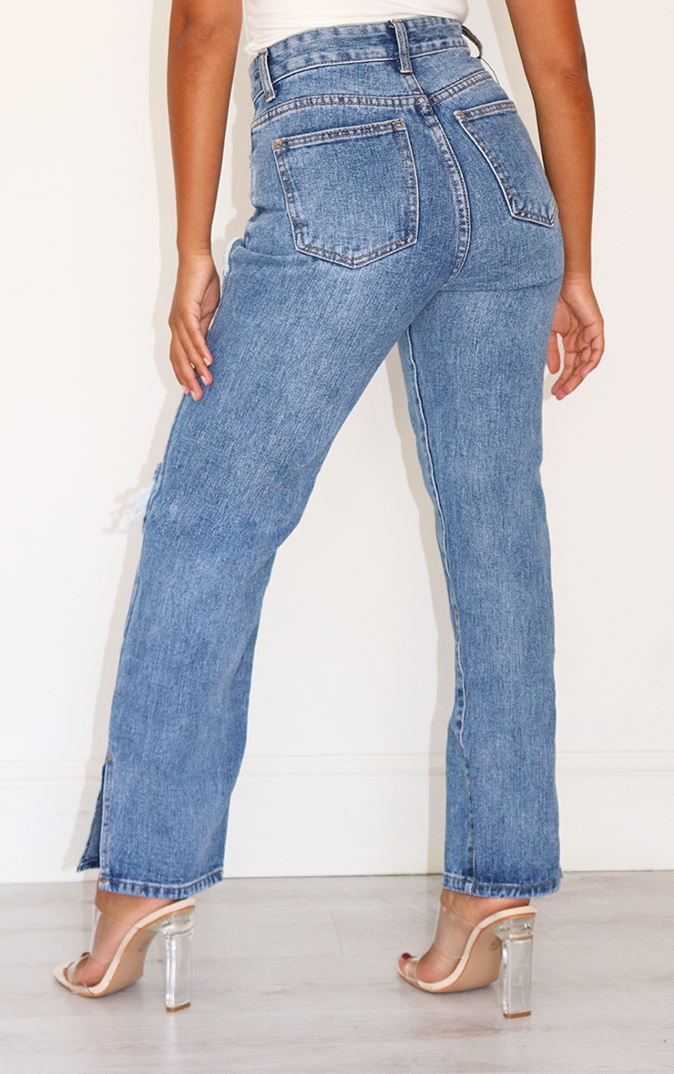 Petite Mid Blue Wash Distressed Split Hem Jeans | PrettyLittleThing AUS