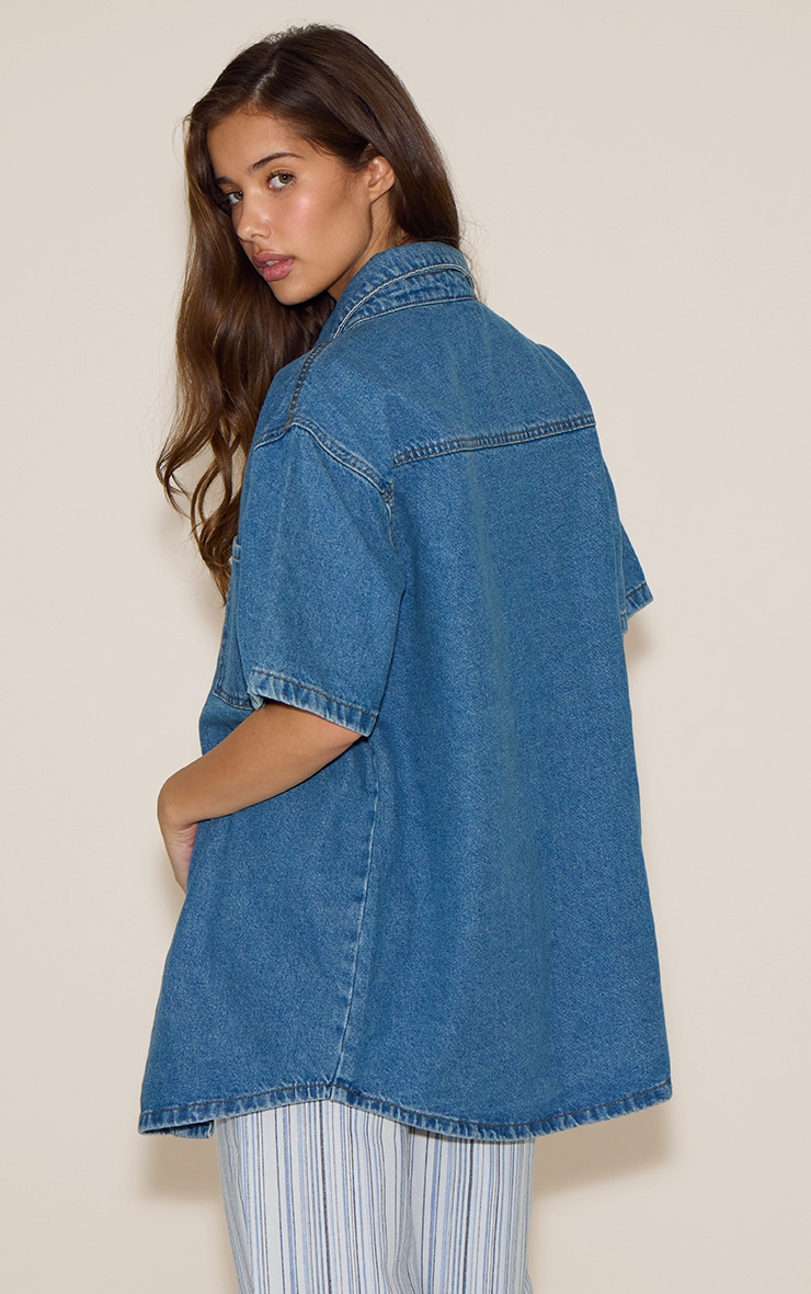 Mid Blue Wash Pocket Detail Oversized Denim Shirt image 2