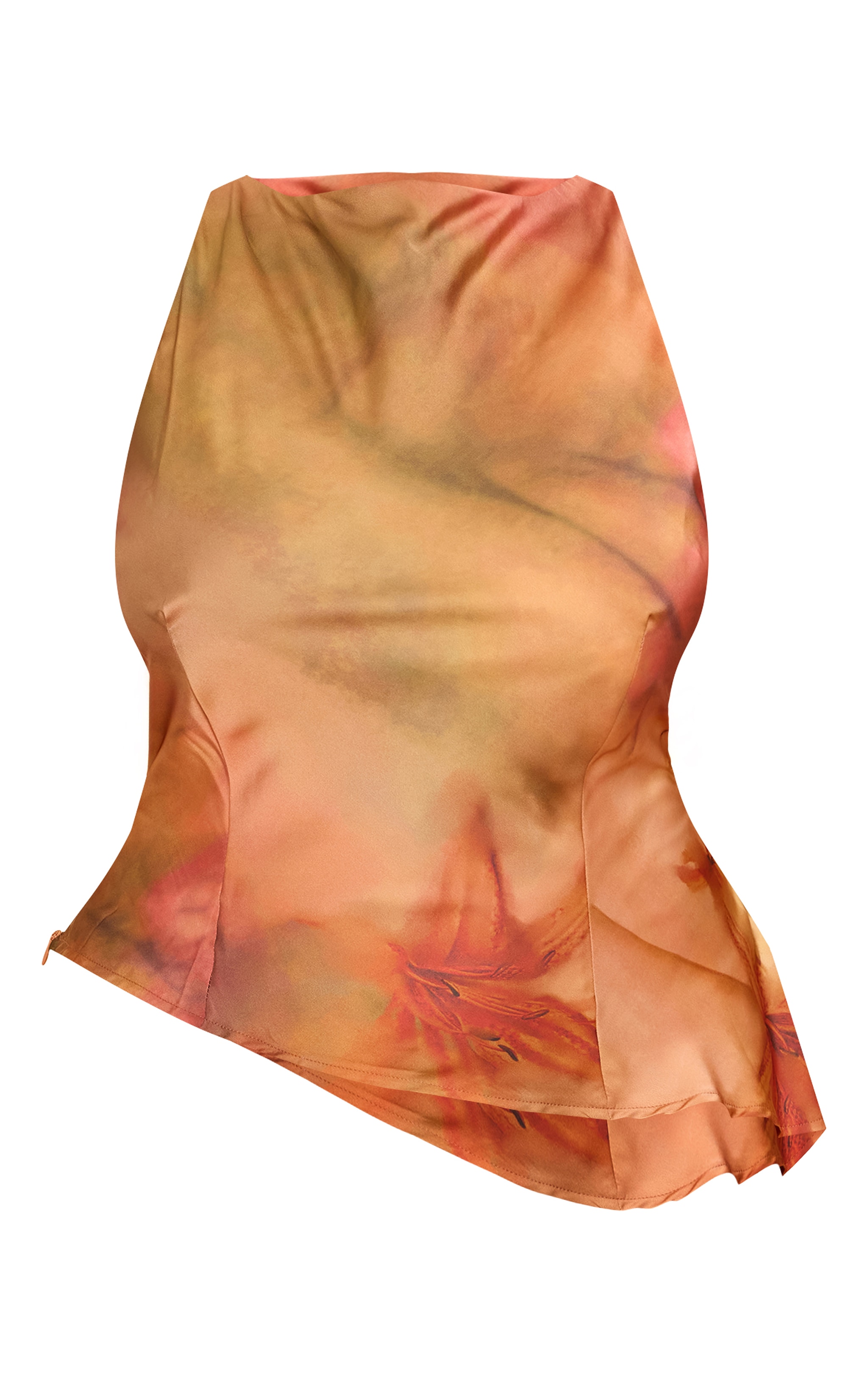 Plus Burnt Orange Printed Satin Cowl Back Asymmetric Ruffle Top image 5
