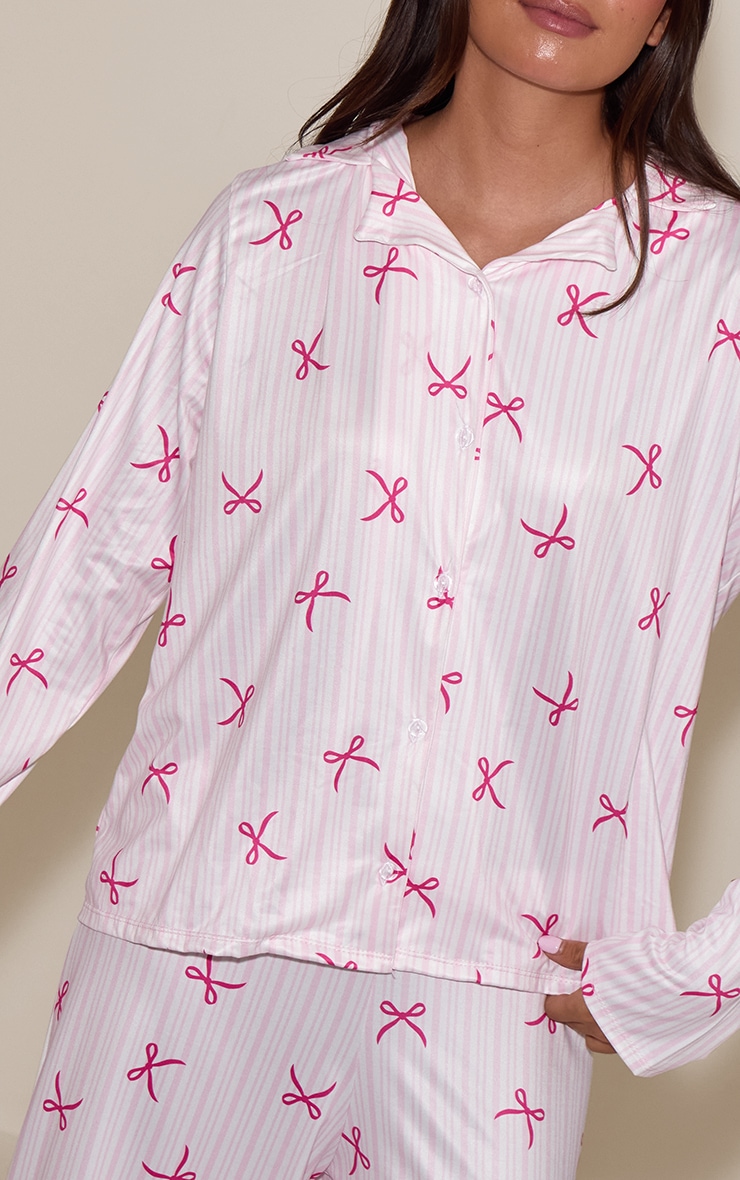 Pink Bow Striped Long Sleeve Button Through PJ Set image 4
