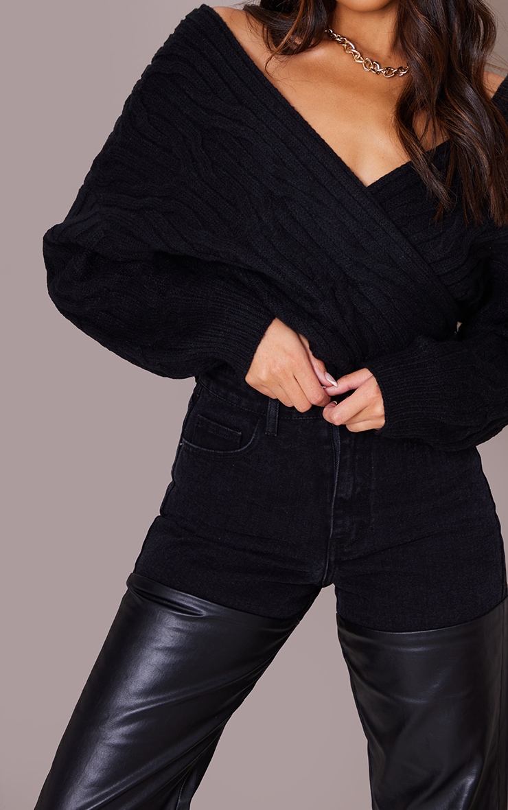 Black Chunky Rib Off Shoulder Crop Sweater image 4