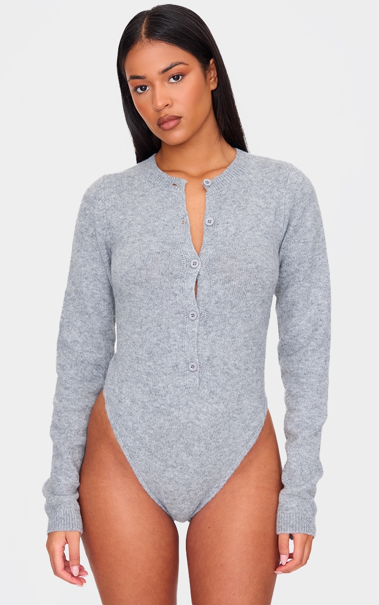 Tall Ash Grey Soft Knit Button Up Bodysuit image 2