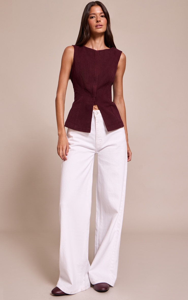 Dark Burgundy Sleeveless Zip Up Denim Top image 3