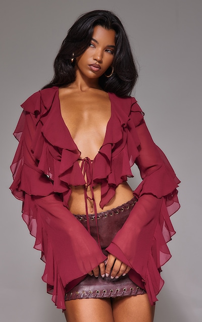 Plum Sheer Woven Ruffle Tie Crop Blouse