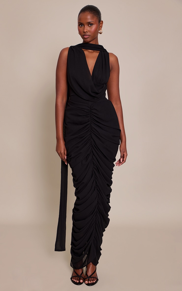 Black Chiffon Scarf Detail Ruched Maxi Dress image 1