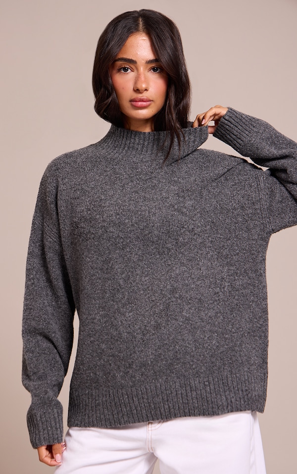 Petite Charcoal Knit Oversized Polo Neck Sweater