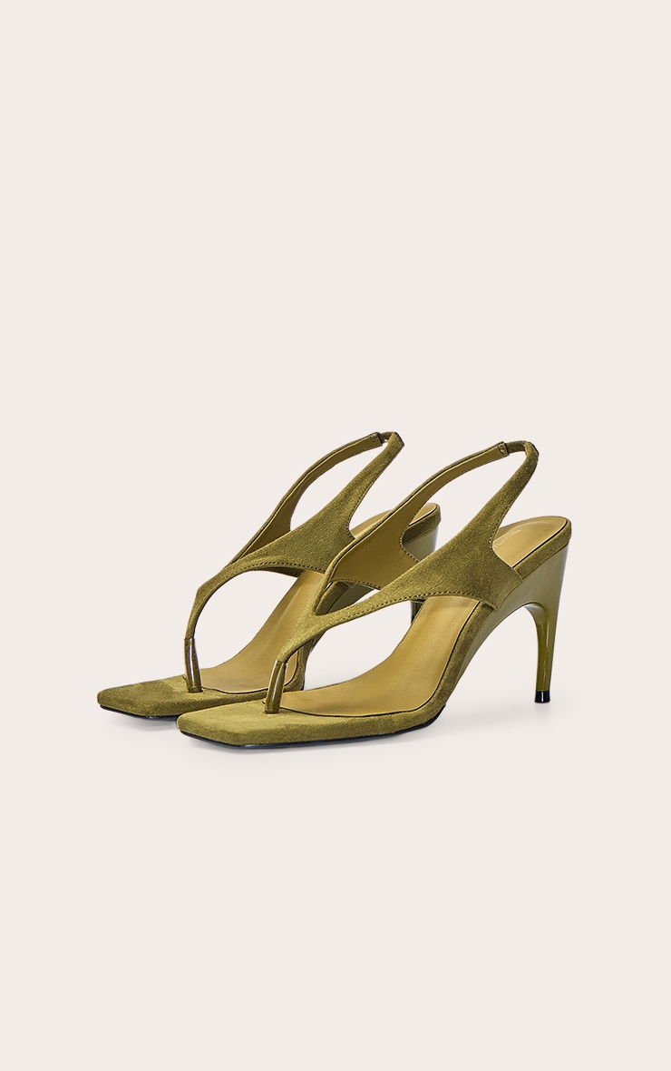 Sandales style tongs carrées en suédine vert olive à talon image 3