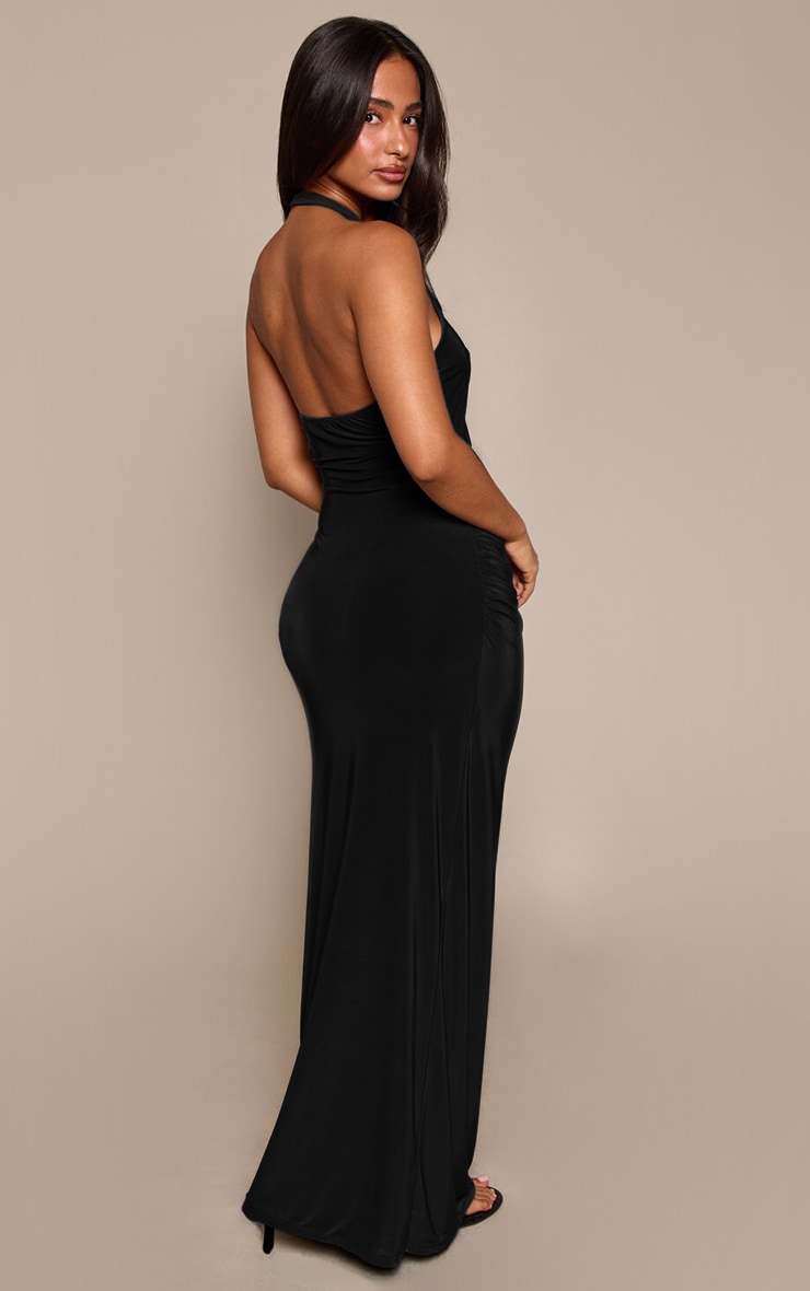 Petite Black Cross Front Low Cut Ruched Halterneck Slinky Maxi Dress image 2