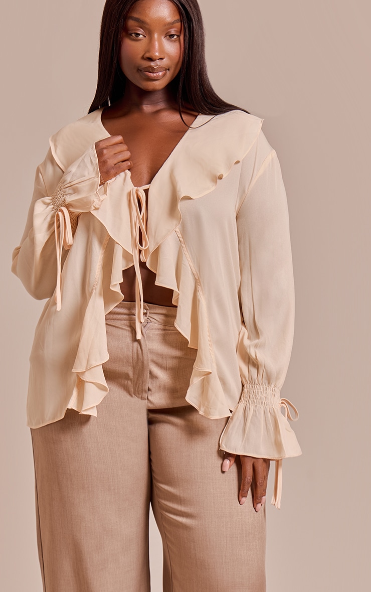 Plus Cream Chiffon Ruffle Tie Front Blouse